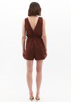 Women Brown Linen-Blend Belted Jumpsuit (Tencel)