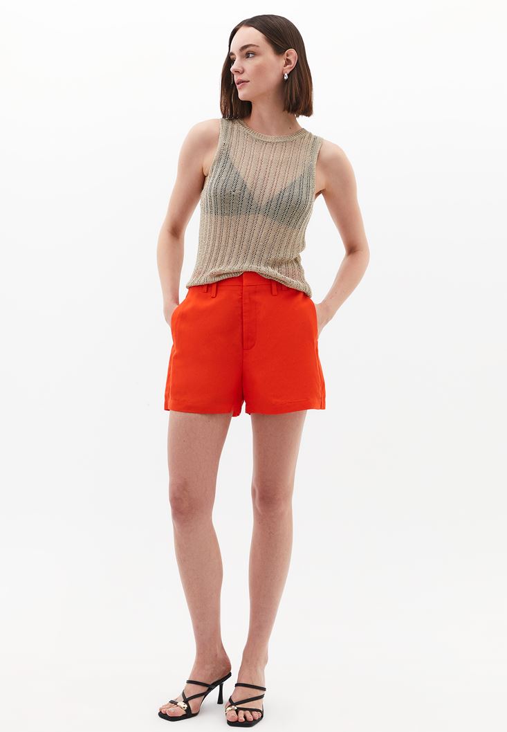 Women Orange Linen-Blend High-Waisted Shorts (Tencel)