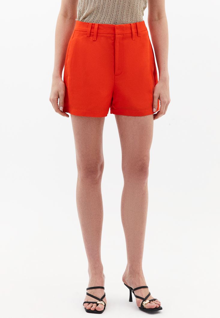 Women Orange Linen-Blend High-Waisted Shorts (Tencel)