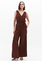 Women Brown Linen-Blend Belted Wide-Leg Jumpsuit (Tencel)