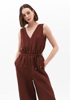 Women Brown Linen-Blend Belted Wide-Leg Jumpsuit (Tencel)