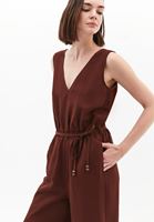 Women Brown Linen-Blend Belted Wide-Leg Jumpsuit (Tencel)