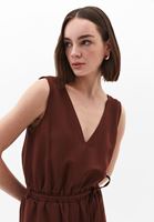 Women Brown Linen-Blend Belted Wide-Leg Jumpsuit (Tencel)