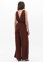 Women Brown Linen-Blend Belted Wide-Leg Jumpsuit (Tencel)