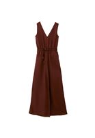 Women Brown Linen-Blend Belted Wide-Leg Jumpsuit (Tencel)