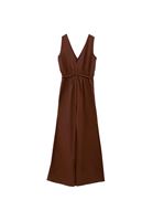 Women Brown Linen-Blend Belted Wide-Leg Jumpsuit (Tencel)