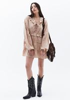 Women Beige Mini Dress with Puff Sleeves