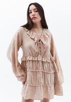 Women Beige Mini Dress with Puff Sleeves