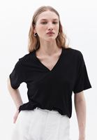 Bayan Siyah V Yaka Oversize Tişört ( TENCEL™ )
