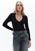 Women Black Sweater with Snap Fastener Detail