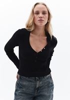 Women Black Sweater with Snap Fastener Detail