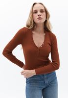 Women Brown Sweater with Snap Fastener Detail