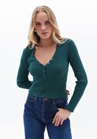 Women Green Sweater with Snap Fastener Detail