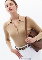 Women Beige Polo Neck Knitwear Sweater