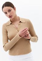 Women Beige Polo Neck Knitwear Sweater