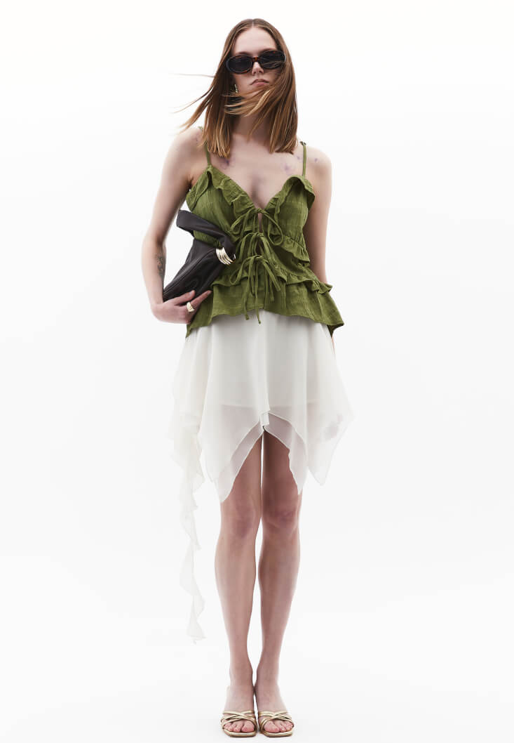 Women Green Ruffled Linen-Blend Blouse