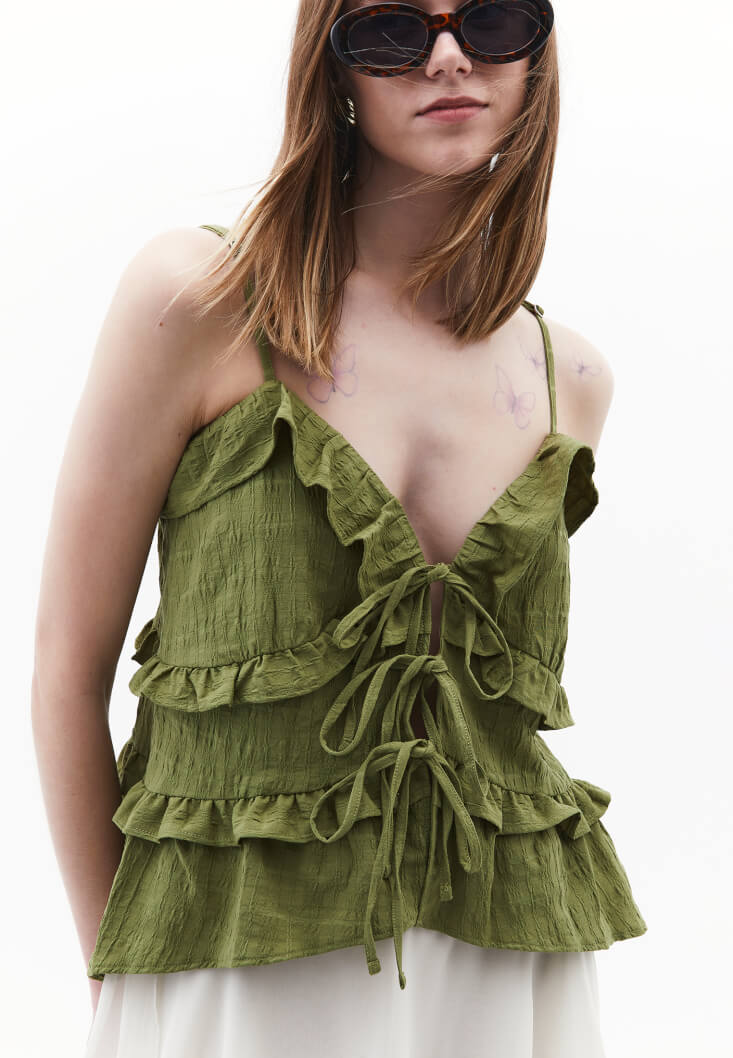 Women Green Ruffled Linen-Blend Blouse