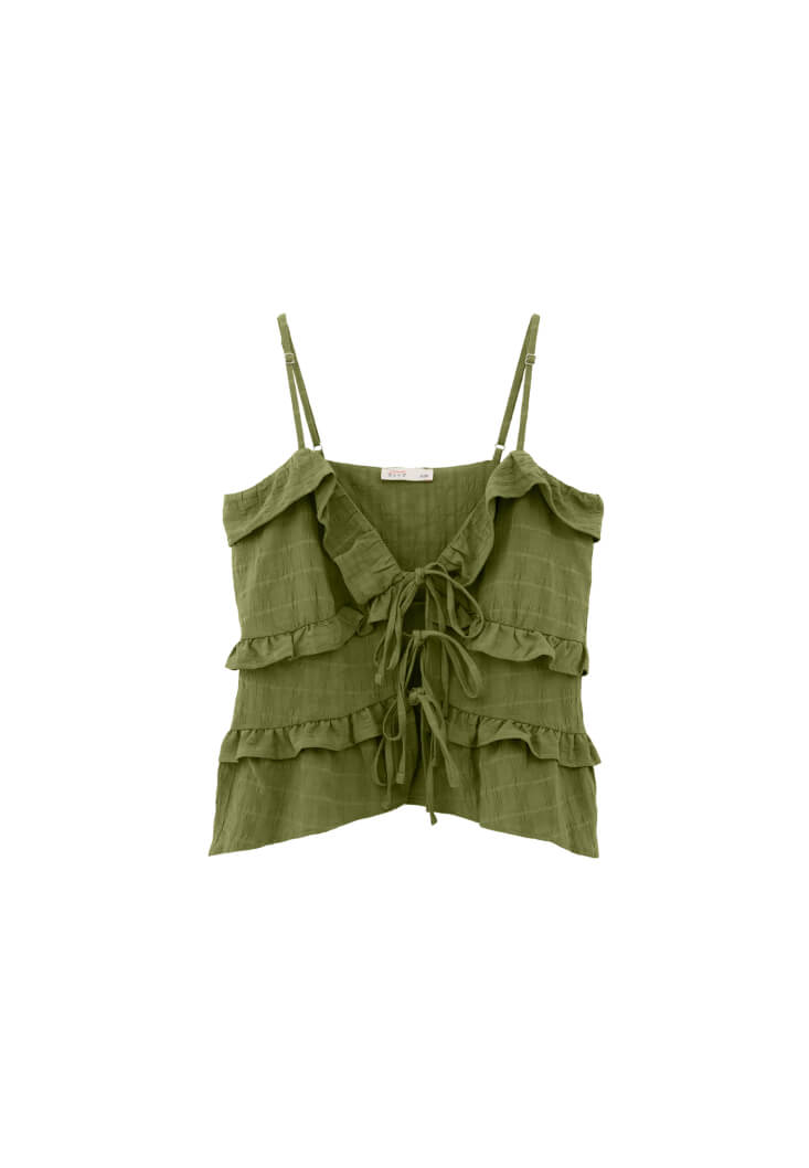 Women Green Ruffled Linen-Blend Blouse