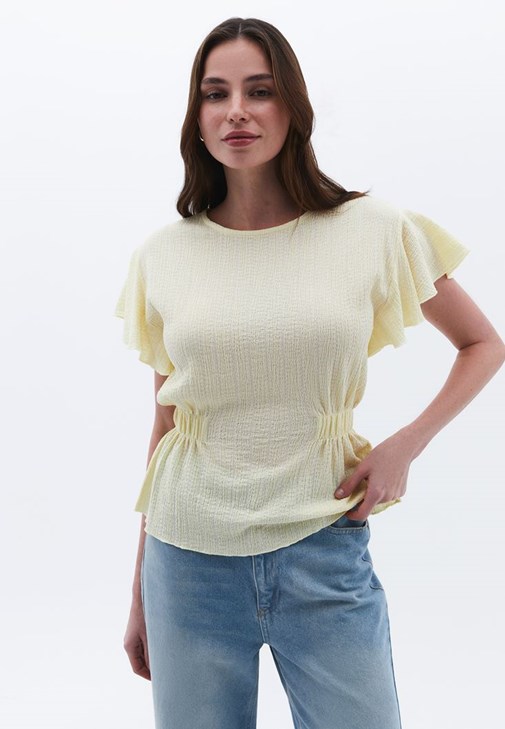 Büzgülü Bluz ve Wide-Leg Denim Pantolon Kombini