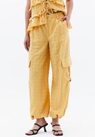Women Yellow Linen-Blend High-Waisted Cargo Pants