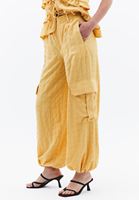 Women Yellow Linen-Blend High-Waisted Cargo Pants