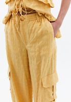 Women Yellow Linen-Blend High-Waisted Cargo Pants