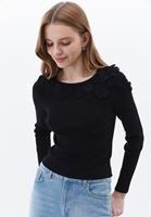 Women Black Flower Detailed Boat Collar Sweater