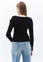 Women Black Flower Detailed Boat Collar Sweater