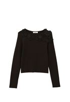 Women Black Flower Detailed Boat Collar Sweater