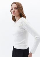 Women Cream Flower Detailed Boat Collar Sweater