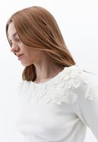 Women Cream Flower Detailed Boat Collar Sweater