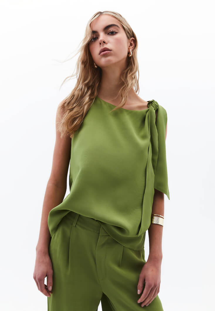 Women Green Tie-Front Mock Neck Blouse