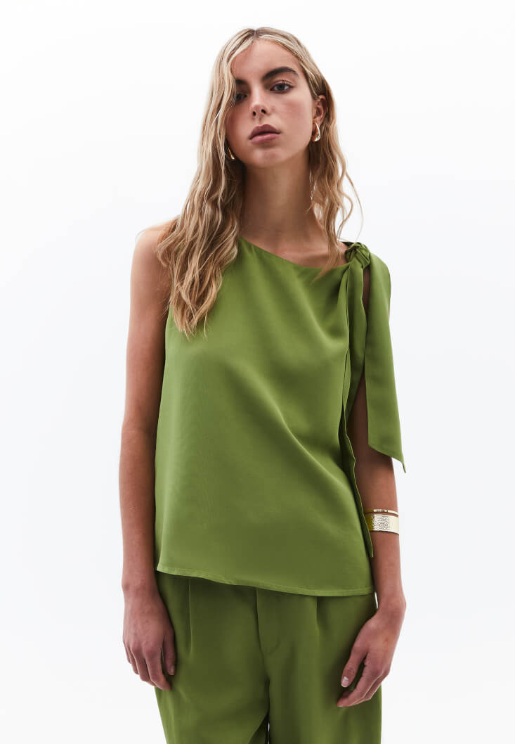 Women Green Tie-Front Mock Neck Blouse