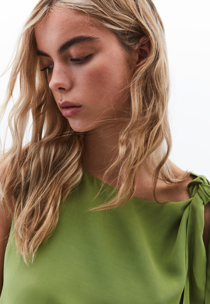 Women Green Tie-Front Mock Neck Blouse