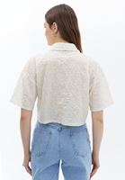 Women Beige Embroidery Detail Crop Shirt