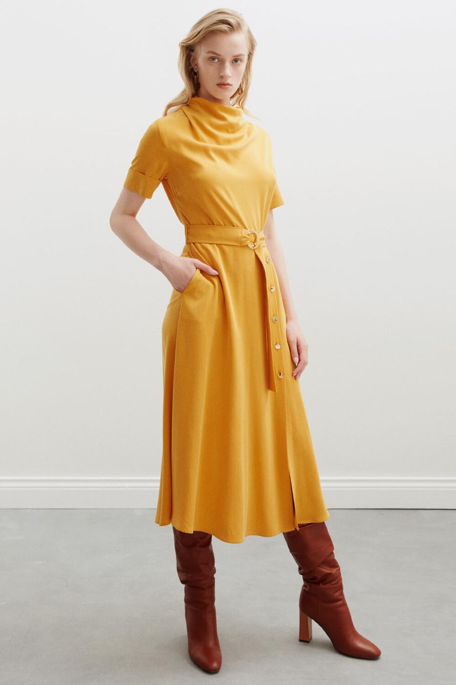 Bayan SARI Brittany Regular Fit Degaje Yaka Sarı Elbise (TENCEL™)