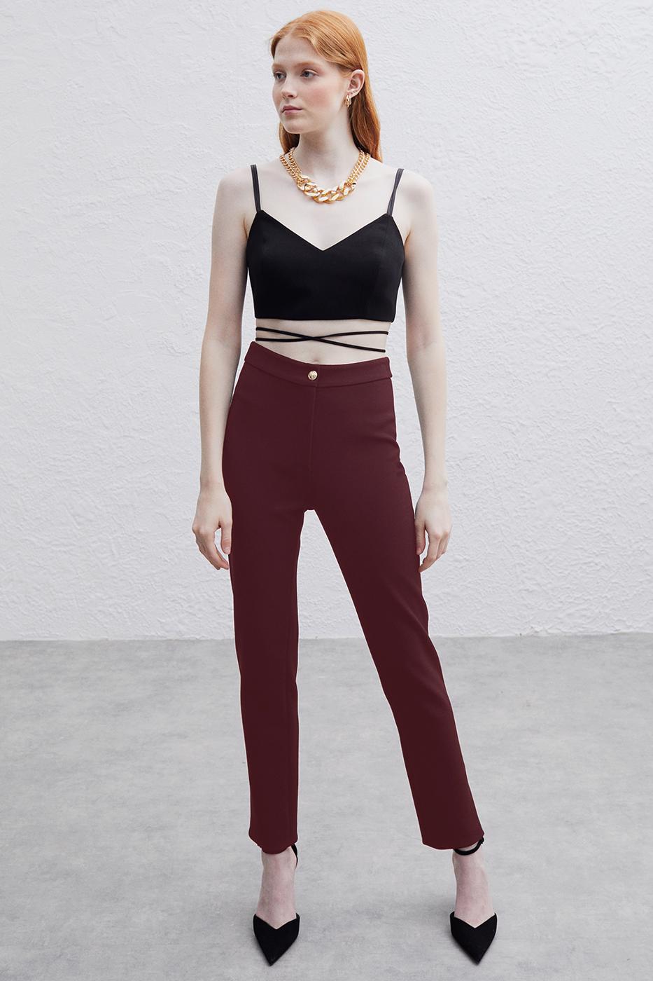 Bayan BORDO Jordy Bordo Renk Skinny Fit Dar Paça Pantolon