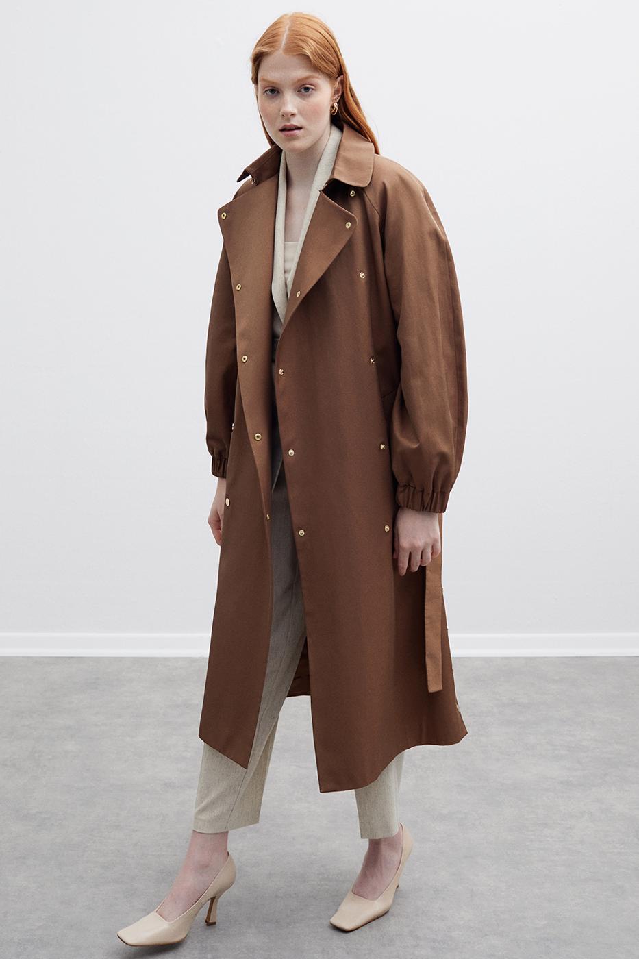 Bayan KAHVE Jef Regular Fit Gömlek Yaka Midi Boy Kahverengi Renk Kadın Trench Mont