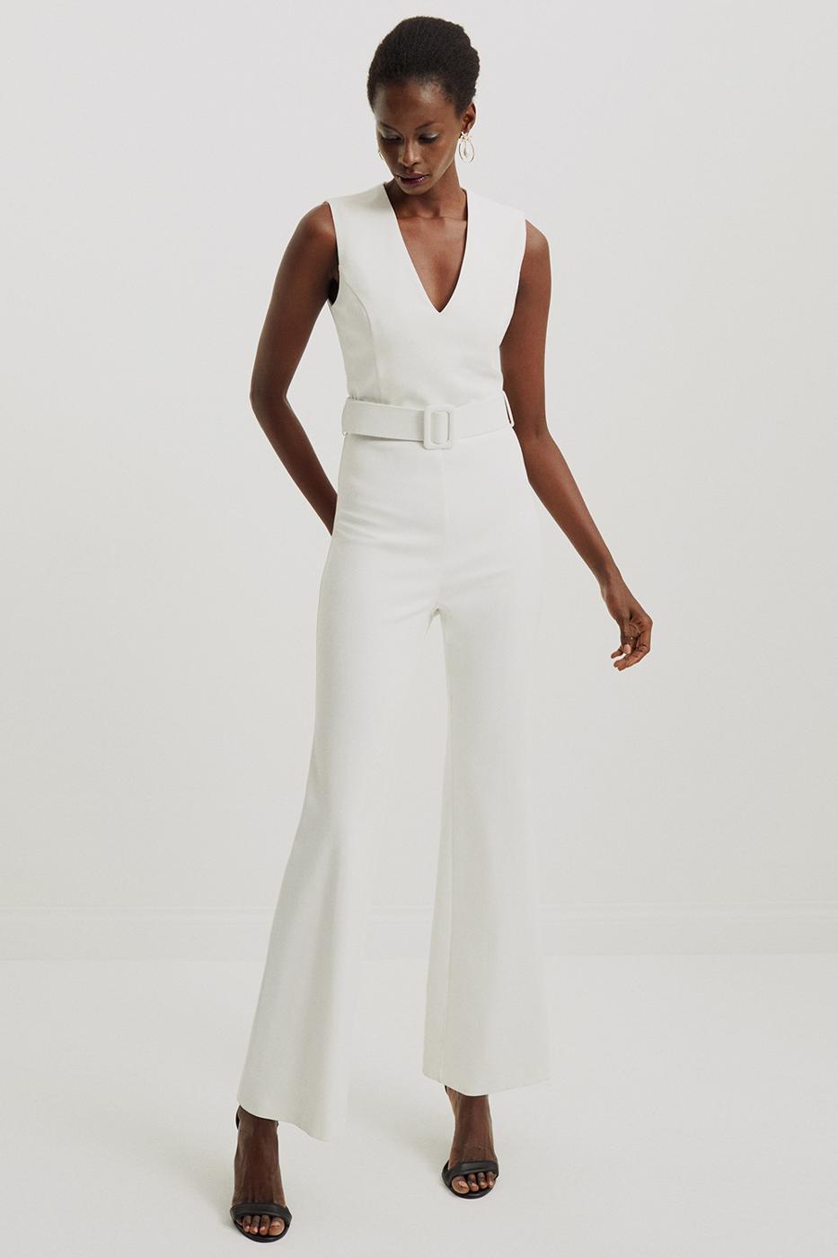 Bayan EKRU Aracely Slim Fit V-Yaka Sıfır Kol Uzun Boy Ekru Renk Tulum