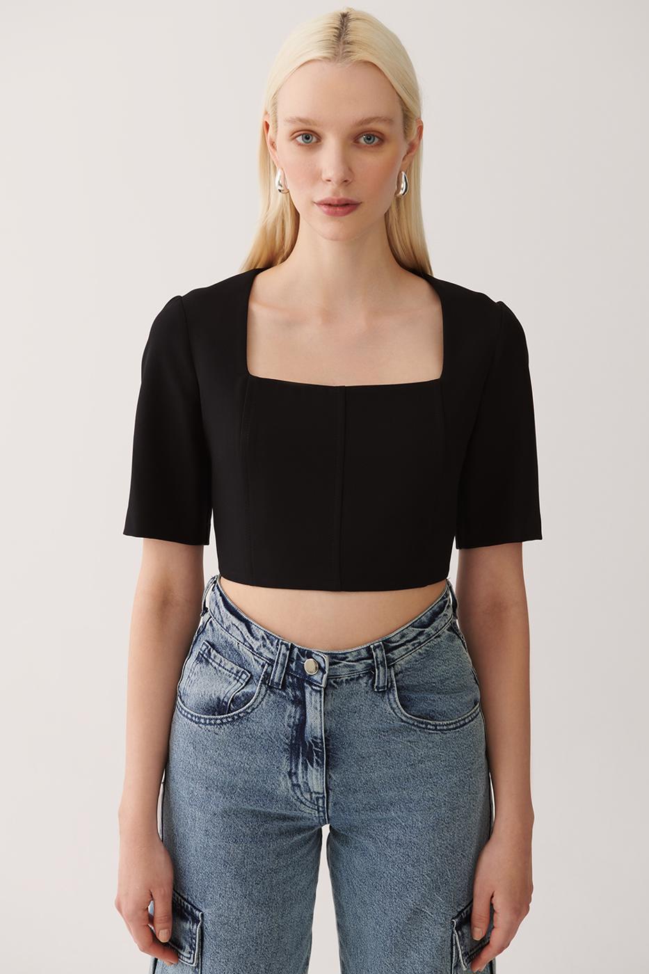 Bayan SİYAH Elmers Slim Fit Kare Yaka Siyah Renk Kadın Crop Bluz