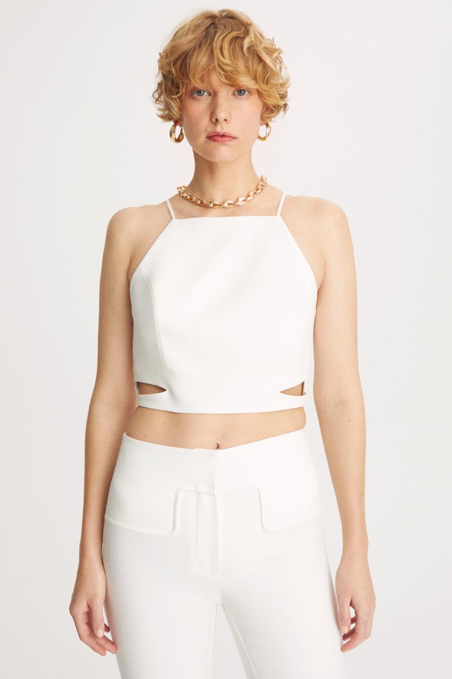 Bayan EKRU Aidens Slim Fit Kare Yaka Askılı Ekru Renk Kadın Crop Bluz