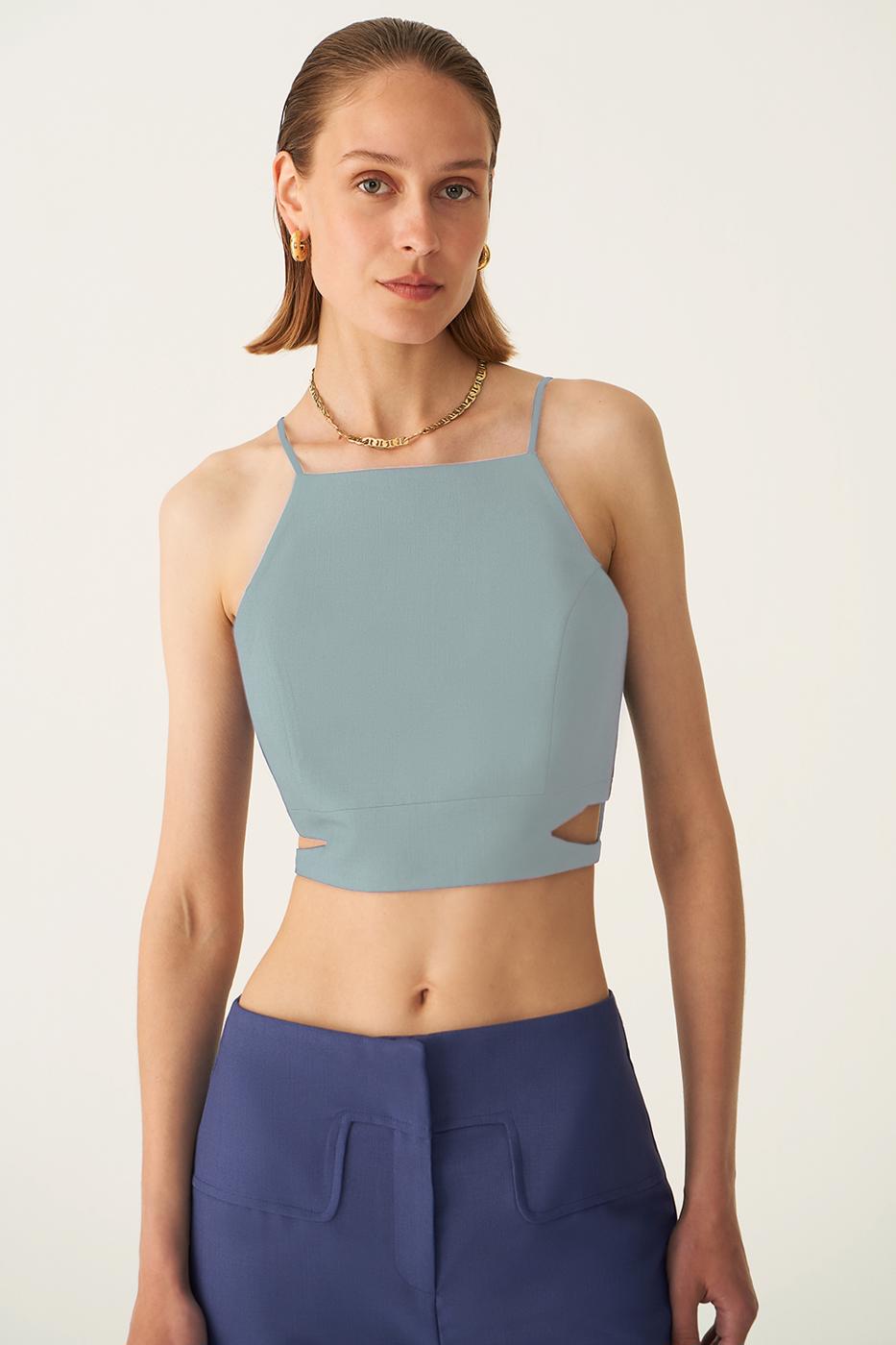 Bayan YEŞİL Aidens Su Renk Slim Fit Kare Yaka Bluz