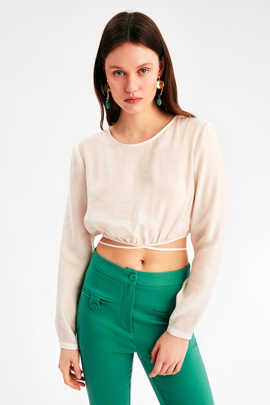 Bayan EKRU Matthew Regular Fit Bisiklet Yaka Ekru Renk Kadın Crop Bluz