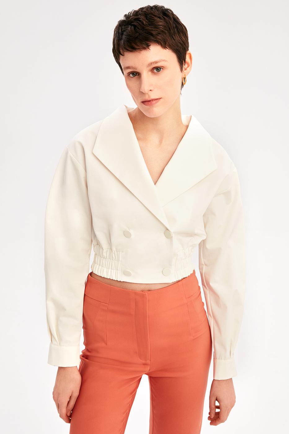 Bayan EKRU Dawn Regular Fit Geniş Yaka Kısa Boy Ekru Renk Kadın Trench Mont
