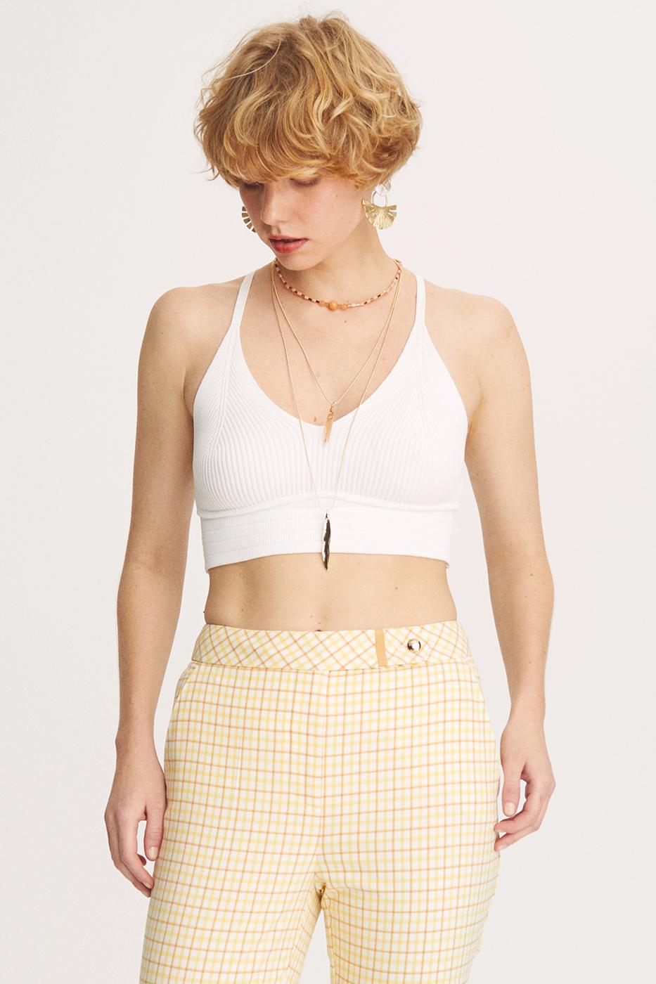 Bayan BEYAZ İllas Slim Fit V-Yaka Askılı Beyaz Renk Kadın Triko Crop Bluz