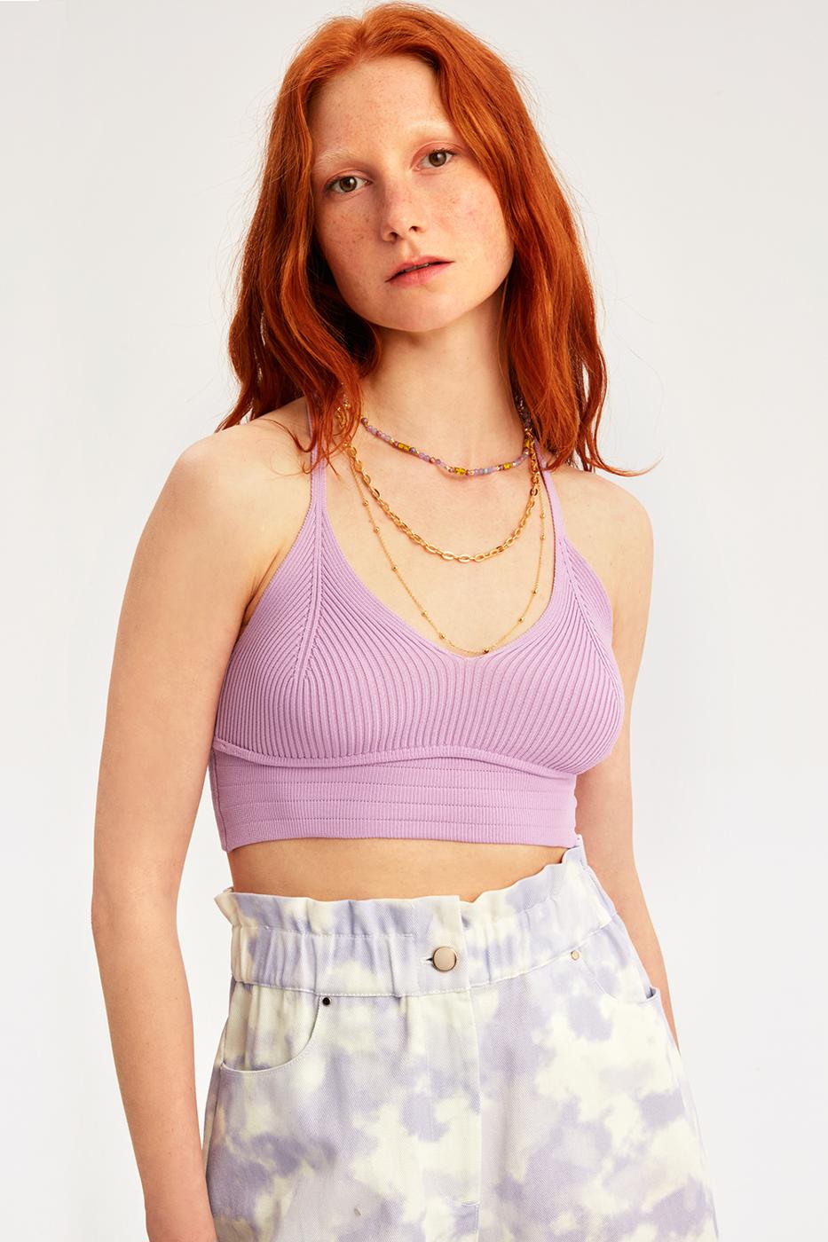 Bayan MOR İllas Lila Renk Slim Fit V-Yaka Askılı Triko Bluz