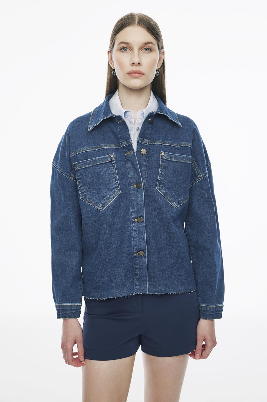Bayan LACİVERT Romets Lacivert Renk Regular Fit Gömlek Yaka Denim Ceket