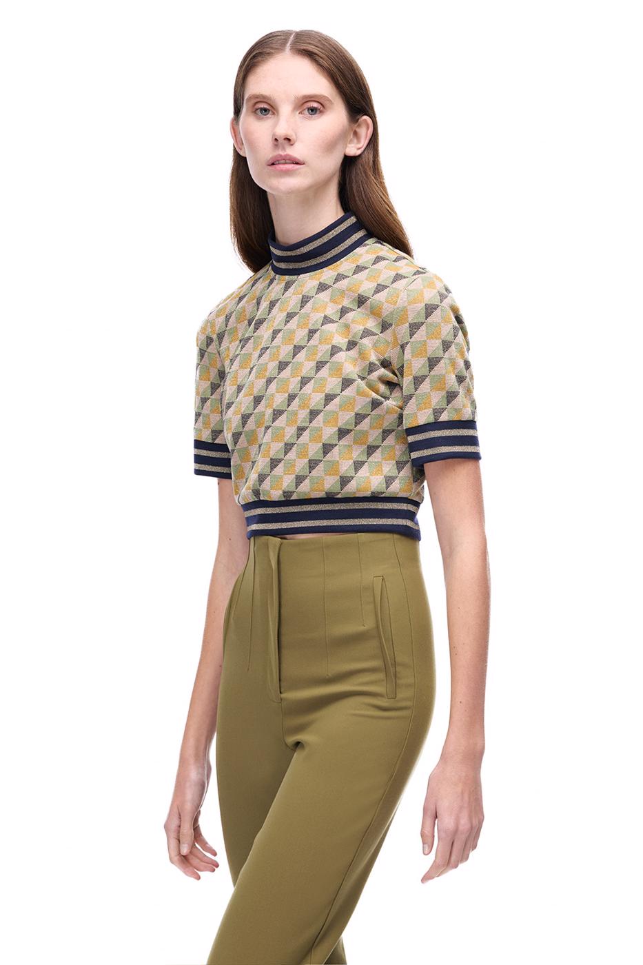 Bayan YEŞİL Alcors Slim Fit Geometrik Desen Crop Boy Takma Kol Bisiklet Yaka Yesıl Bluz