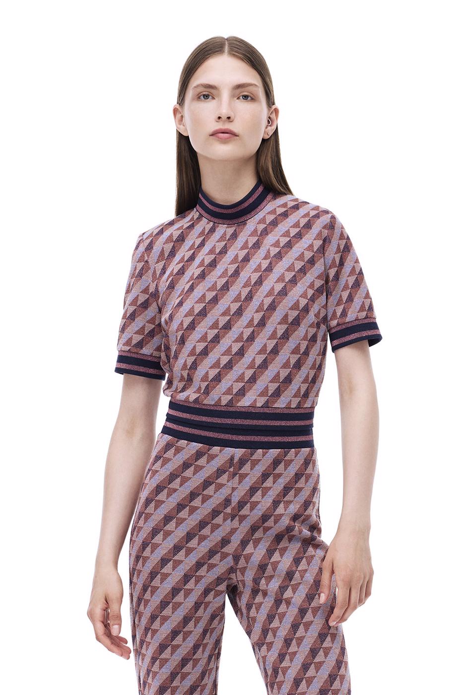 Bayan BORDO Alcors Slim Fit Geometrik Desen Crop Boy Takma Kol Bisiklet Yaka Bordo Bluz