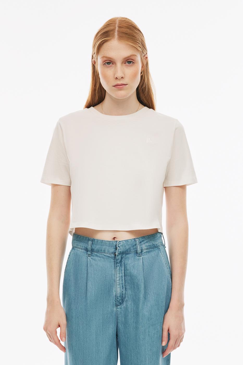 Bayan EKRU Kelins Regular Fit Crop Boy Bisiklet Yaka Ekru Renk Kadın Tişört